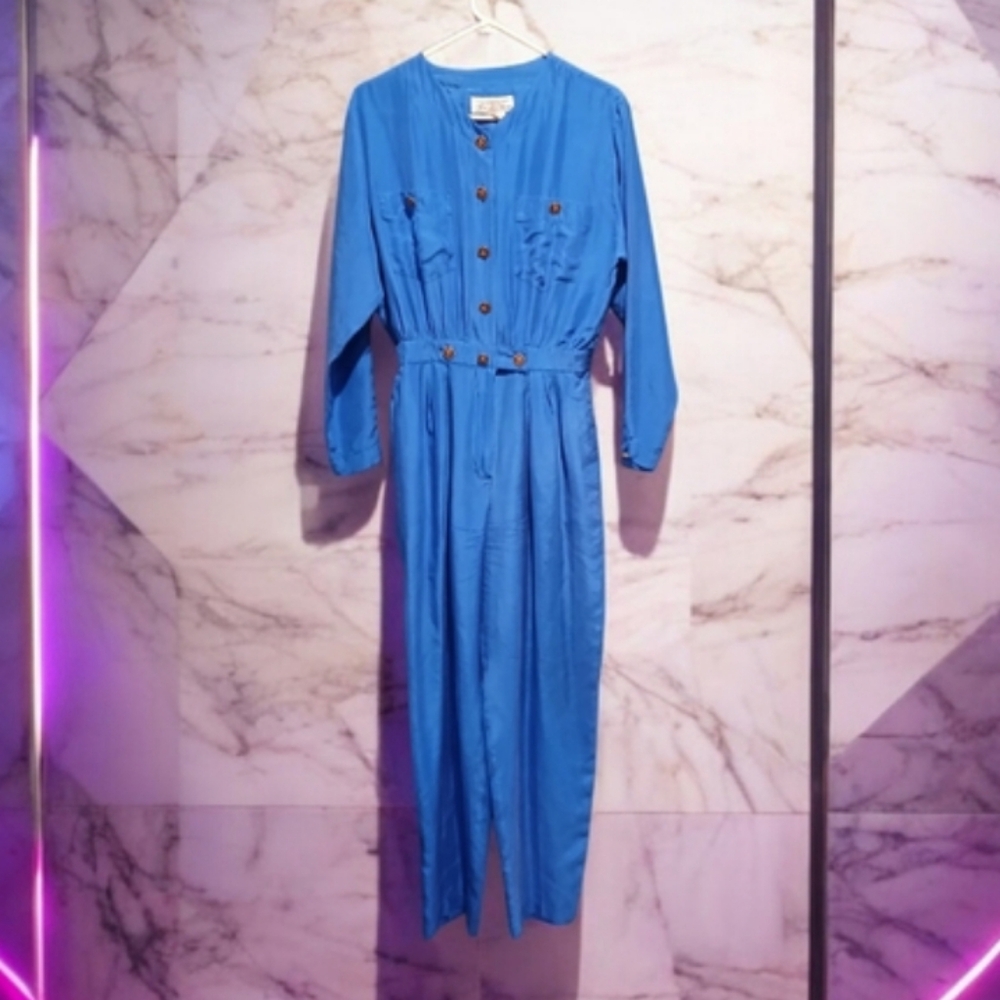 Vintage 80s Saks Fifth Ave 100% Silk Blue Pant JumpSuit Womans Small Retro Punk - Picture 1 of 12